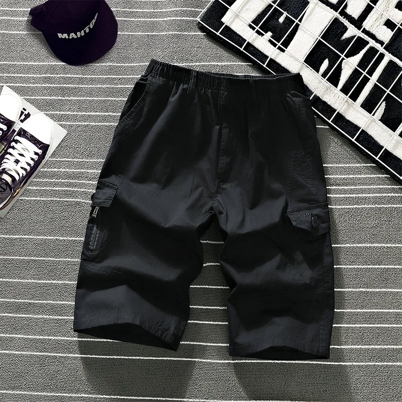 Overalls Men's Summer Shorts Cargo Loose Oversized Zipper Pocket Large Size 6XL 5XL Plain Beach Pure Cotton Knee-length Pants