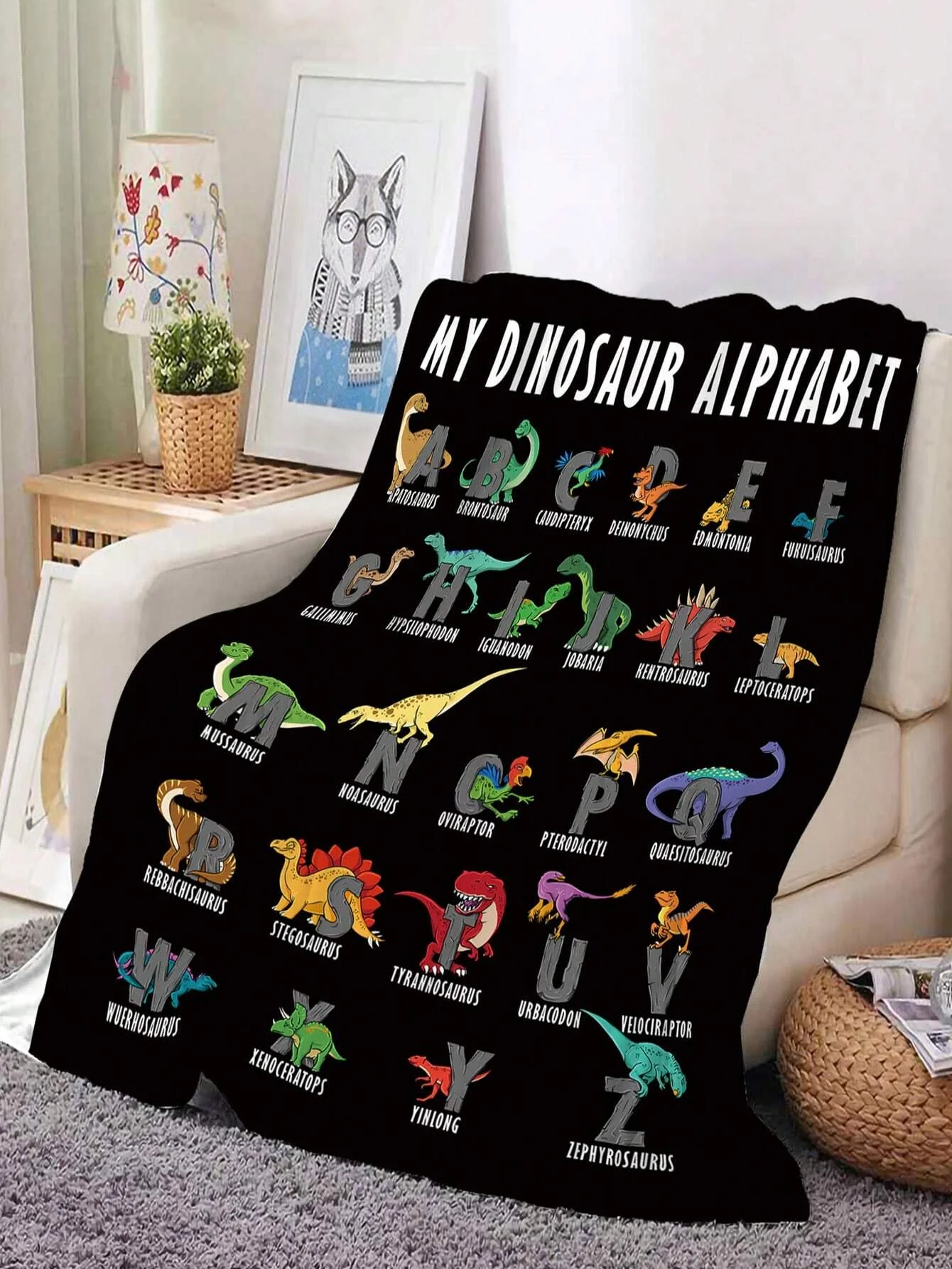 1pc Dinosaur & Letter Graphic Blanket, Modern Fabric Blanket For Living Room And Bedroom 3