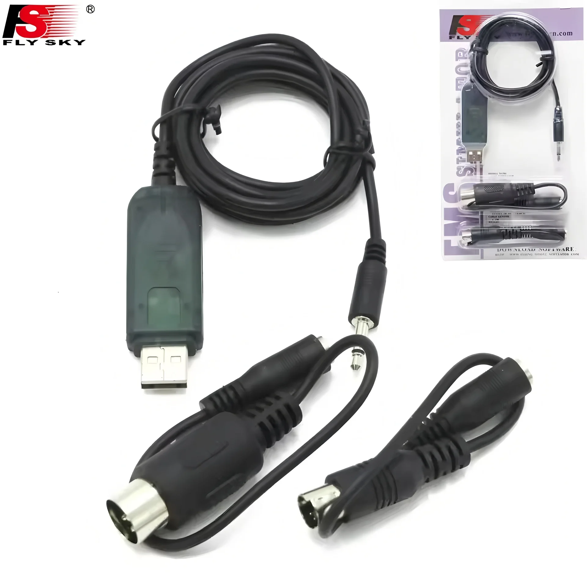 Simulateur de vol Flysky FS-SM100 avec câble USB PPM connecté à un émetteur RC pour entraînement.