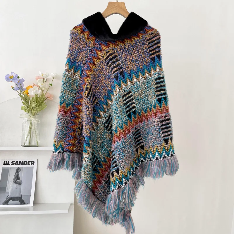 

Autumn Winter Capes National Knitted Cloak Women New Pullover Cloak Tassel Warm Shawl Imitation Wool Collar Ponchos Blue Cape