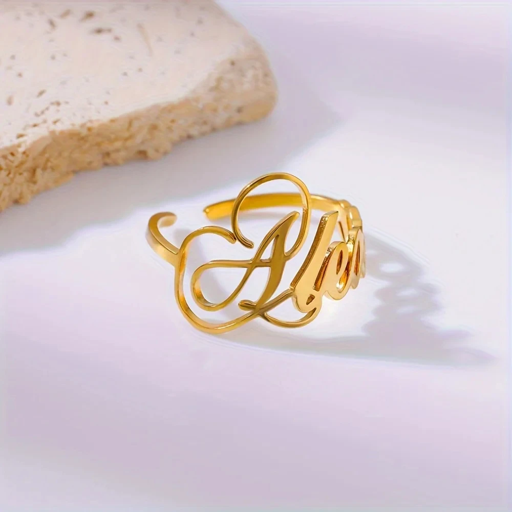 Anillos de nombre de corona personalizados para mujer, acero inoxidable personalizado, anillo ajustable con letras, regalo de joyería de boda impermeable, Color dorado