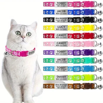 Customized Cat Collar Paw Print Cat Collar Free Engraved Puppy Kitten Pet ID Nameplate Necklace With Bell Anti-lost For Cats