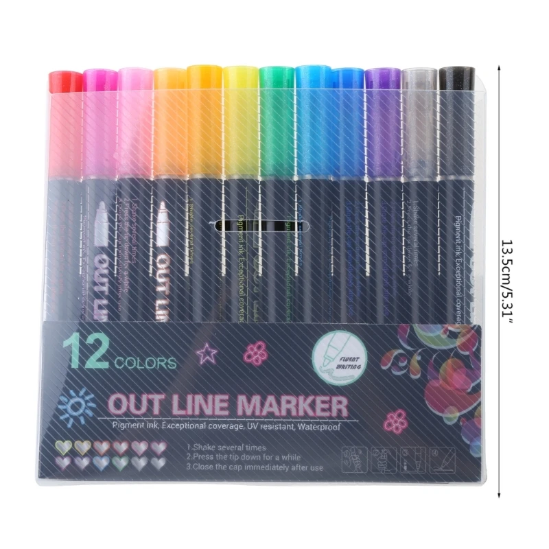 12Pcs Double Line Outline Pens Self-Outline Metallic Markers Glitter  Writing Drawing Pens DIY Art Greeting Card Outline Pens - AliExpress