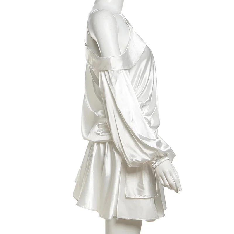 Elegant Draped Mini Dress For Women Sexy Backless Irregular Skew Collar Long Sleeve Party Dresses Solid High Waist