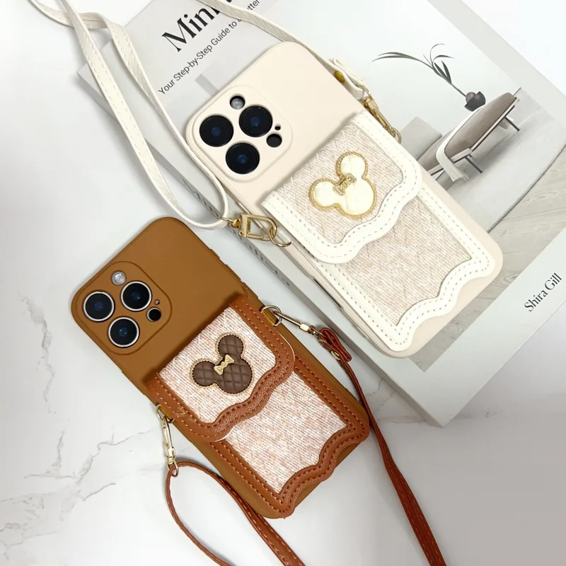 Chic Crossbody Leather Wallet Case with Lanyard Strap and Cute Cartoon Design