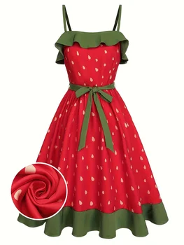 Plus Size Strawberry Print Dress Women's Red Strapless Sundress Green Lace Trim Summer Dress Free Shipping