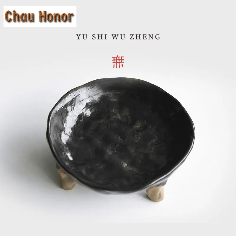 Japanese Wabi-sabi Style Coarse Pottery Tripodia Fruit Dishes Handmade Pastry Plate Sharing Plate Chinese Tea Set Decoration