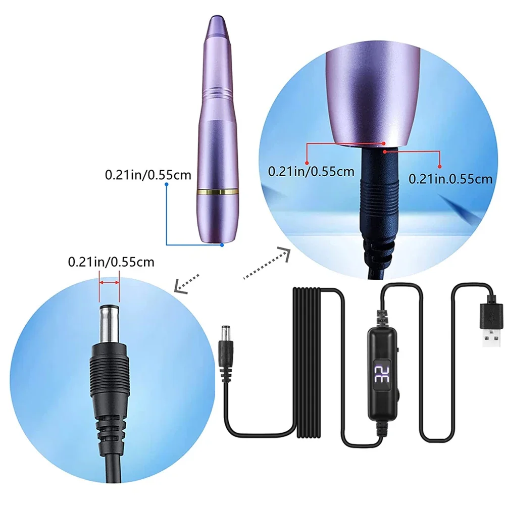 LED Display Electric Nail Drill Power Cord USB Charger Power Line For  Nail Drill Machine 5.5 Adjustable Speed Forward Reverse
