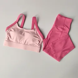Vibrant Cross Back Yoga Set with High Waist Leggings - M (Pink)