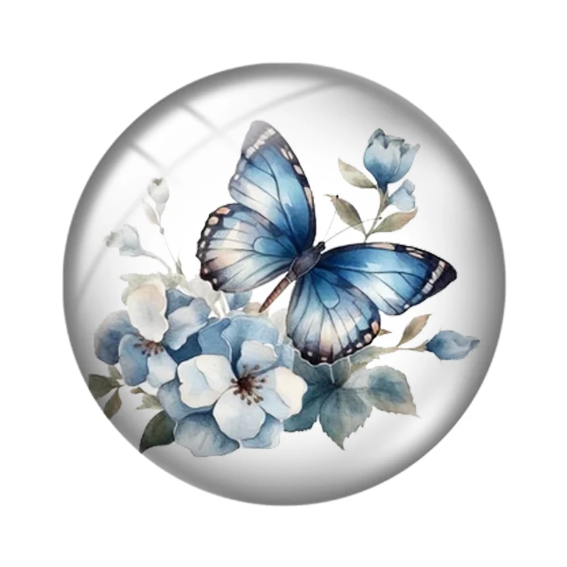 Blue Butterfly Floral Round Photo Glass Cabochon Set - 10pcs Flat Back Embellishments