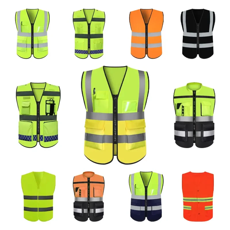 High-Visibility-Black-Safety-Vest-With-Zipper-Logo-Customized-Work-Wear ...