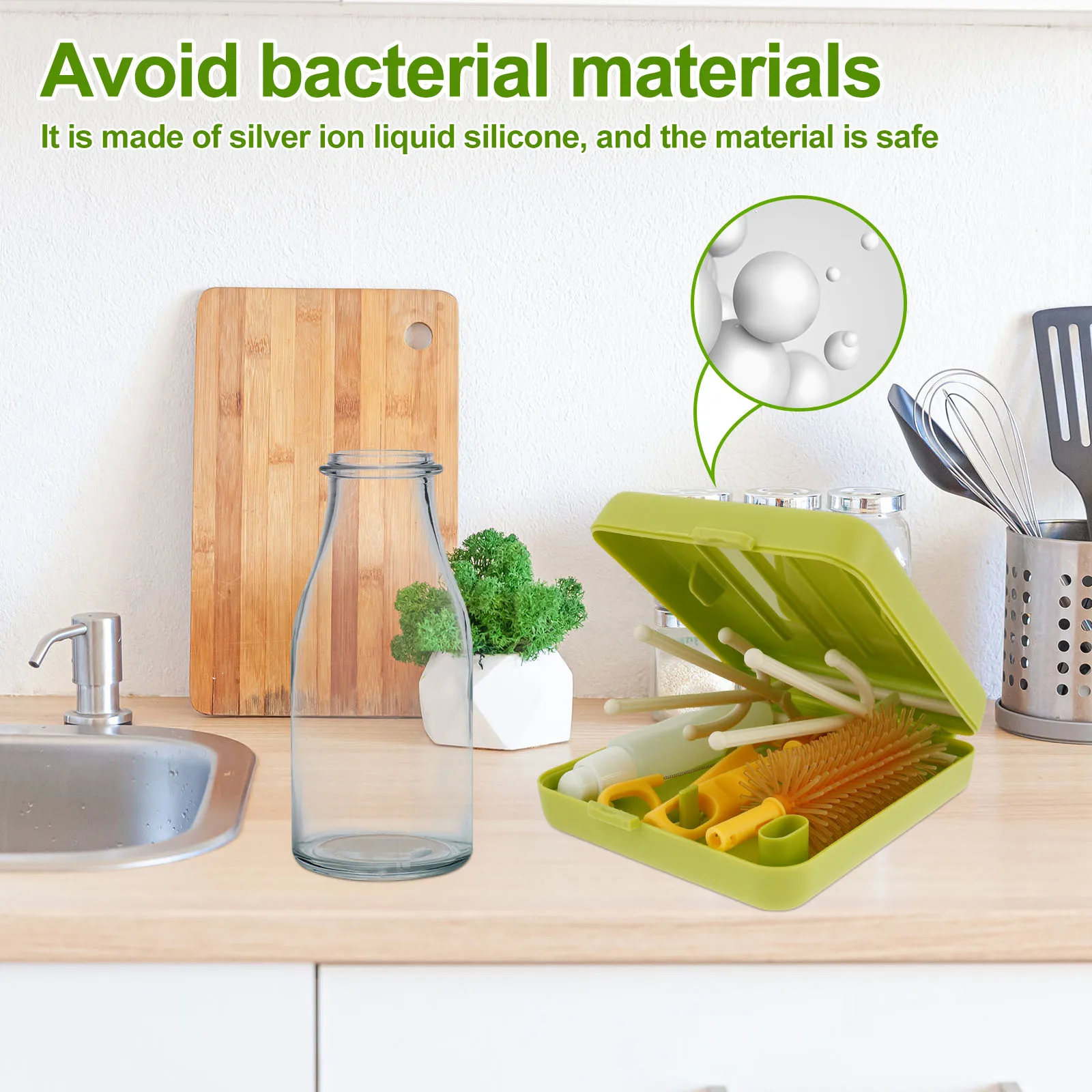 Portable Baby Bottle Brush Set Versatile Bottle Cleaning Tool with Drip Drying Rack Traveling Silicone Bottle Brush Nipple Brush