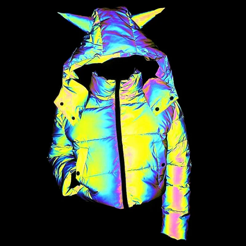 New Long-sleeved Short Hooded Colorful Reflective Cotton Clothing Women's Fashion Luminous Cotton Clothing
