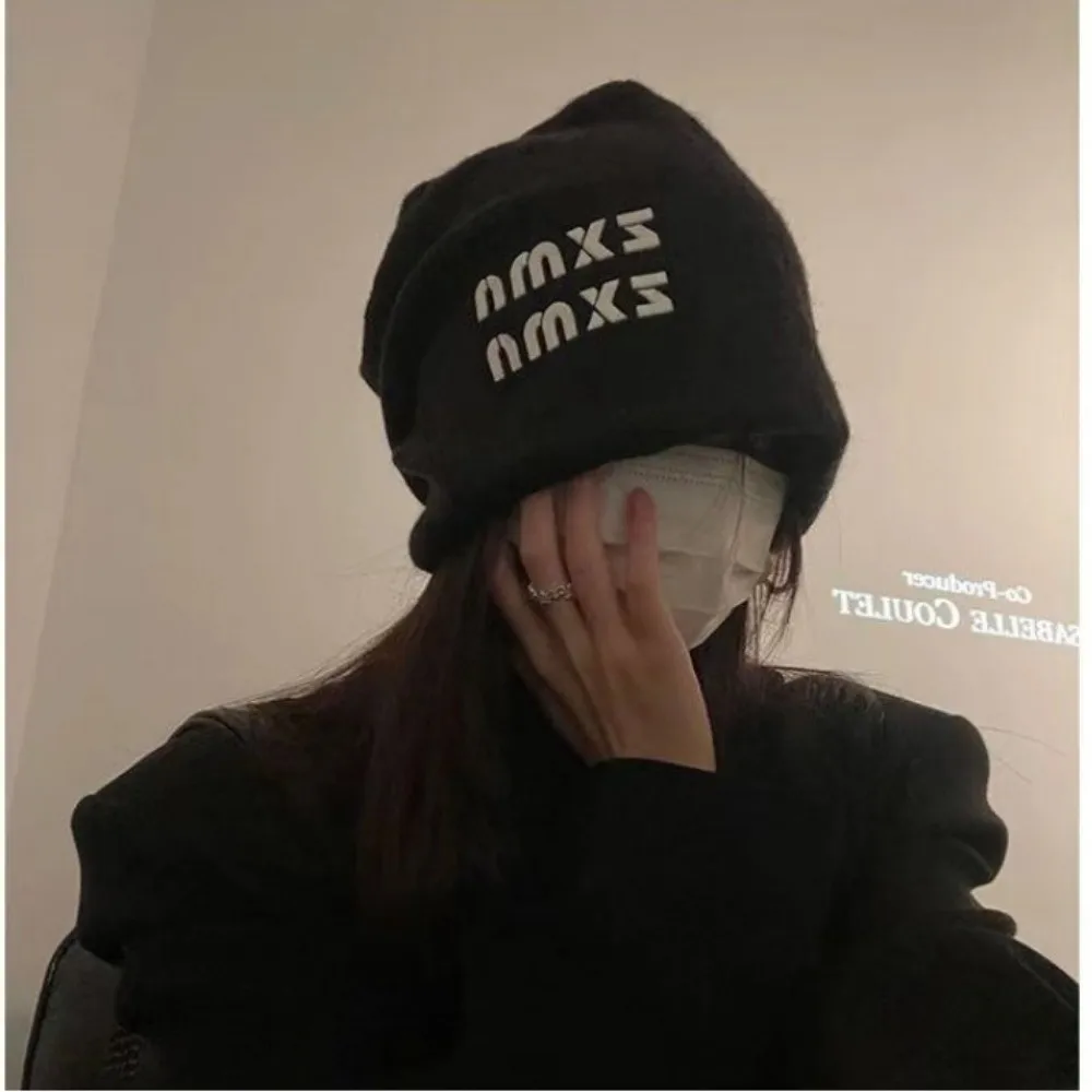 Autumn Winter Slouchy Beanie Hat Letter Big Size Cold Hat Face Slimming Soft Crochet Hat For Daily Wear