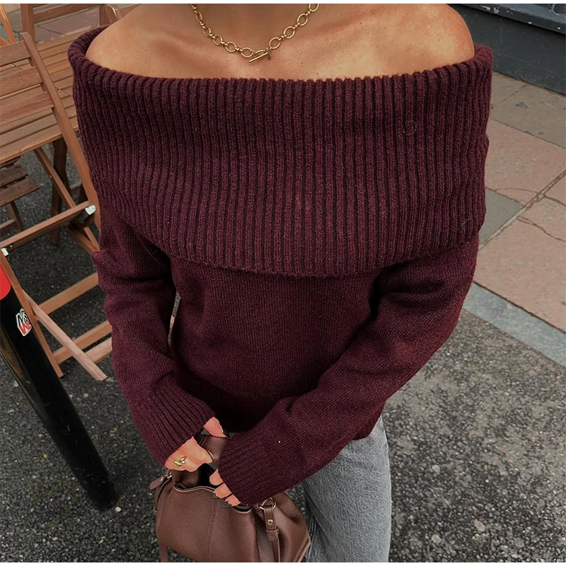 Suéter elegante burdeos con hombros descubiertos para mujer, jersey de punto de manga larga ajustado, prenda informal de punto de calle de primavera 2025