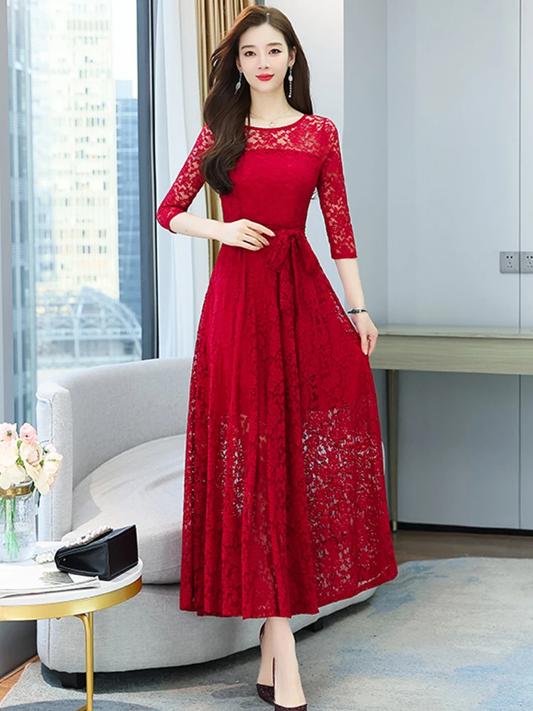 Manifold Afdeling grundigt Lace Crochet Women Long Dress Black 2023 Spring Summer Red Fashion Casual  Beach Elegant Chic Mesh Prom Evening Midi Dresses For - AliExpress