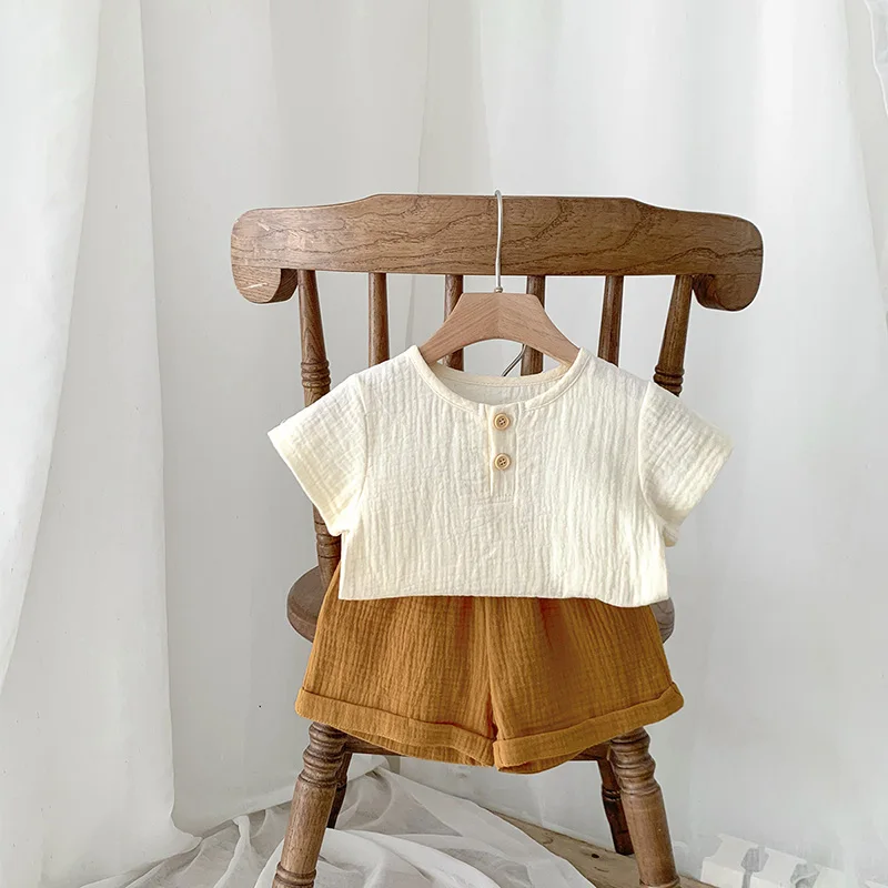 

FINEPAT Baby Clothing Set Toddler Boys Linen Suit Solid Tee And Shorts 2 Pcs Baby Outfit
