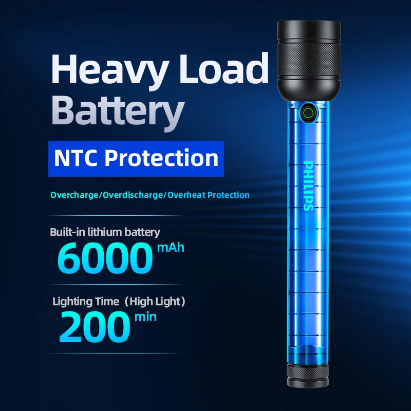 필립스 충전식 밝은 손전등, 3000 루멘 손전등, 6000mAh 배터리, IP55 방수, 야외용 캠핑 조명