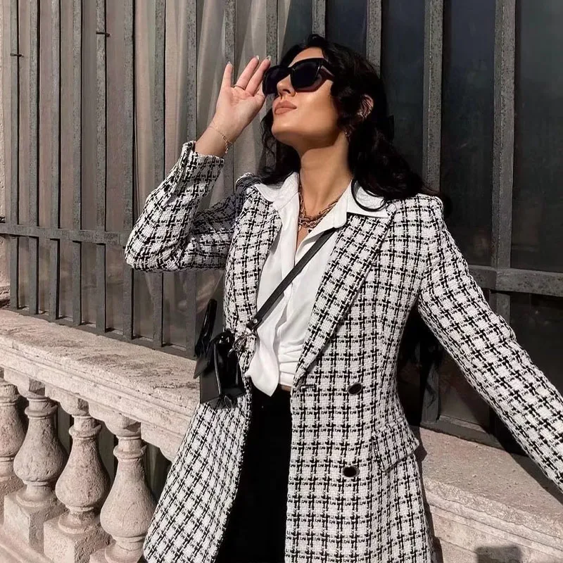

Autumn And Winter Women's 2023 New Casual Classic Retro Long-Sleeved Double-Breasted Pockets Suit Plaid Jacket Long Tops