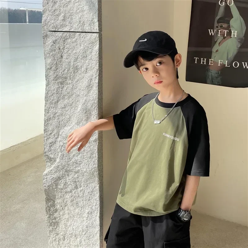2024 Boys Pure Cotton Short Sleeved T-shirt Raglan Sleeve Top Trendy Children's Clothing Summer New Korean Style 6