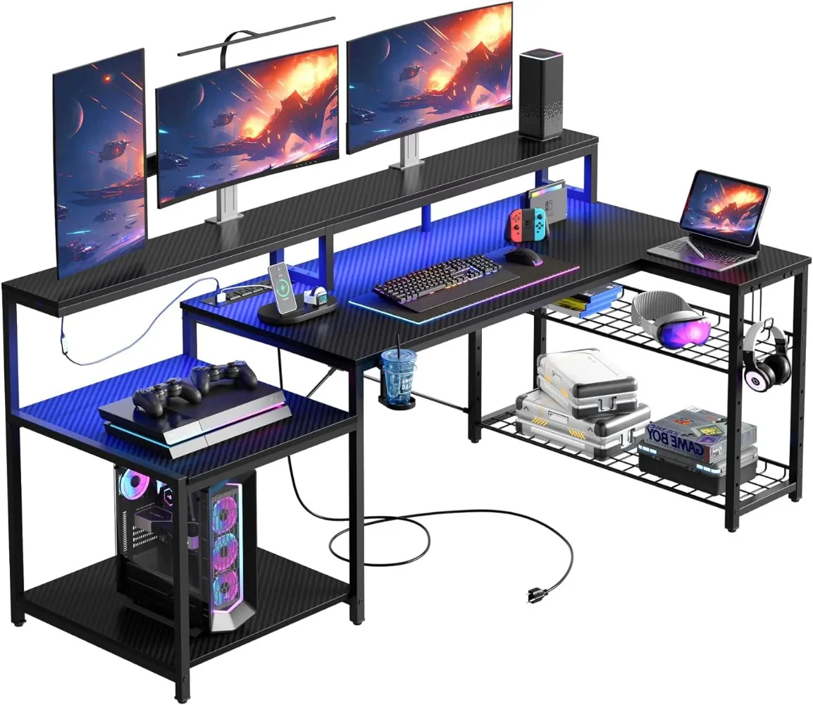 Bestier Gaming Desk with Power Outlet, 71.5 Inch LED Computer Desk with Monitor Stand, L Shaped Large Desk with Metal Shelf a4 metal adjustable sign holder poster stand 8 5x11 inch shelf clip label holder frame promotion price advertising display stand