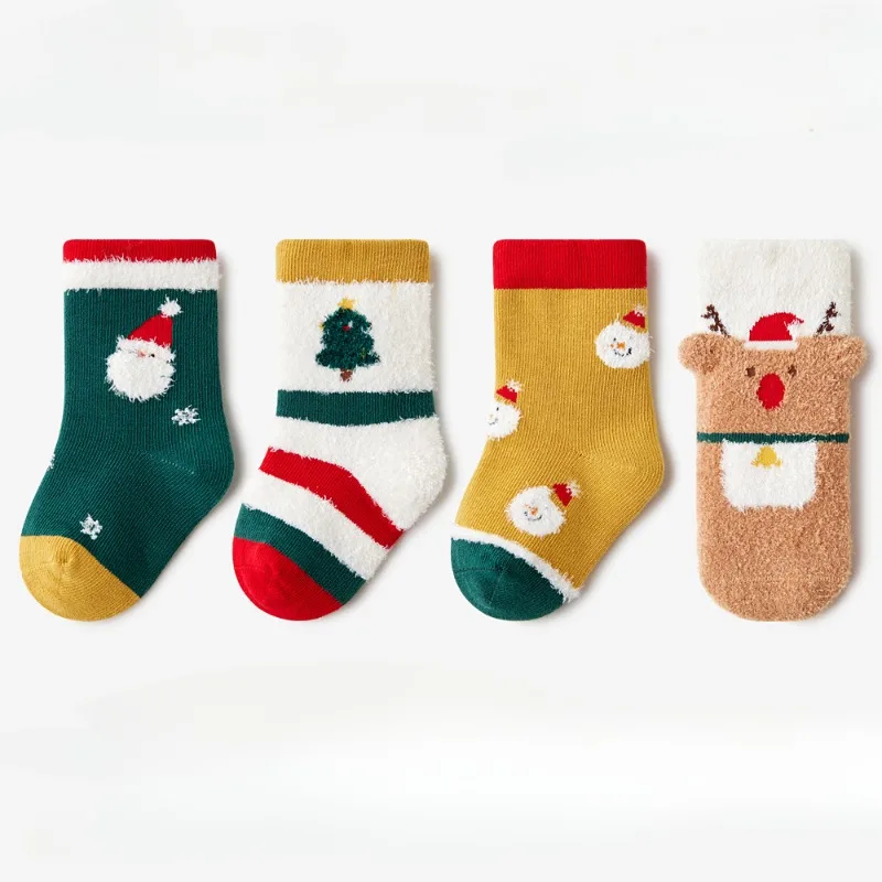 

4pcs Christmas Socks Children's Socks Spring Fall Boneless New Year's Socks Boys Middle Child Socks Mid Tube Baby Socks Baby