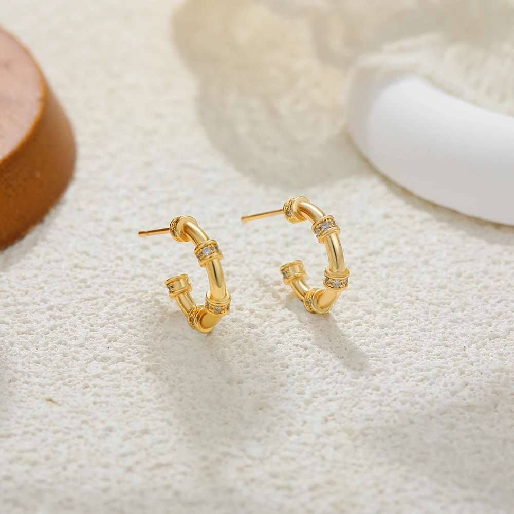 Delicate Zircon Small C Shape Hoop Earrings Gold Plated Waterproof Stainless Steel PVD Statement Circle Huggies Charm Jewelry