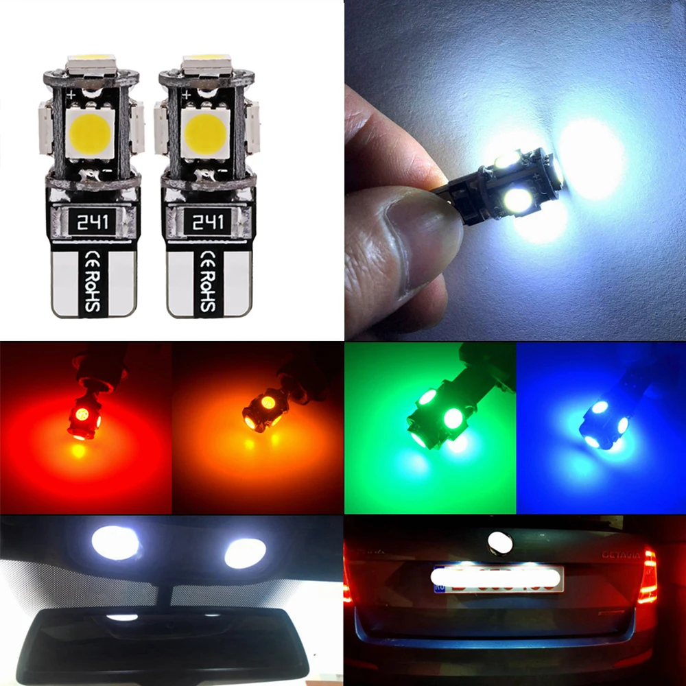 20X T10 5050 5SMD White Blue Red Yellow Car Led Show Wide Door Light  Reading Parking Bulb Canbus W5w 194 Error Free DC 12V Bulbs - AliExpress