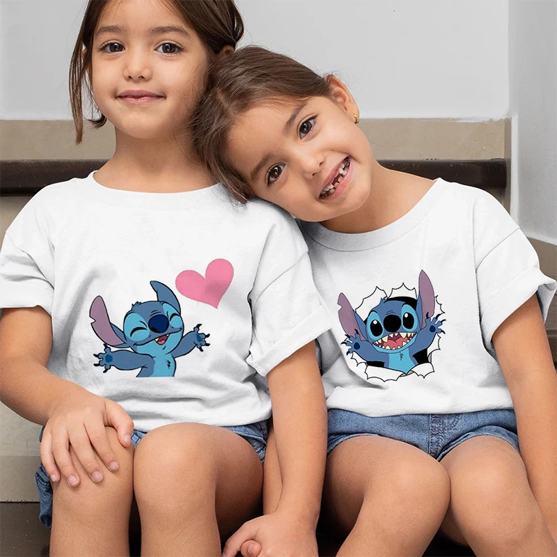 

Stitch Disney Child Hot Selling 3-9T Size T Shirt Cartoon Pattern Print Kids T-Shirt Summer White Short Sleeve Crew Neck Tee Top