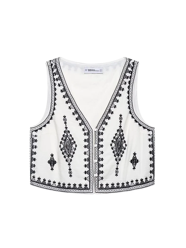 TFMLN Embroidery Shorts Set For Women 2 Pcs V Neck Sleeveless Contrast Embroidery Vest Shorts Female High Street Fashion Outfits