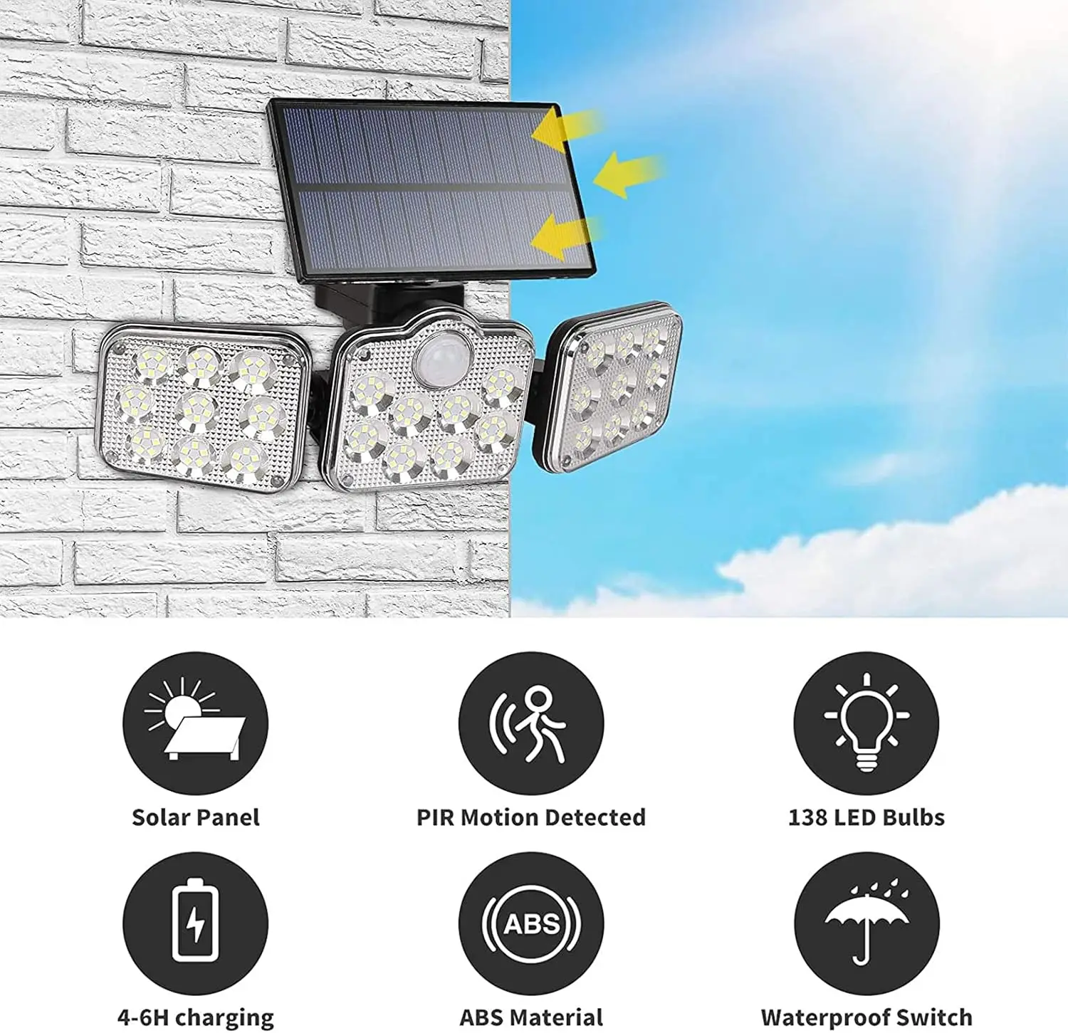 Outdoor Solar Light 3 Head Motion Sensor 270 Wide Angle Illumination Waterproof