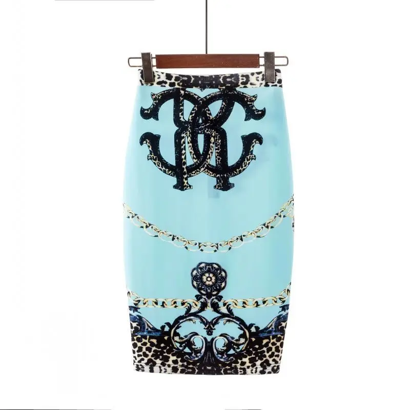 New Spring and Summer Women's Style High Waist Slim Elastic Contrast Color Printed Bag Hip Fashion Sexy All-match Skirt