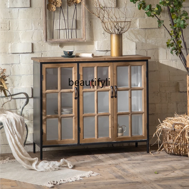 

French Solid Wood Bookcase Glass Storage Glass Door Retro Locker