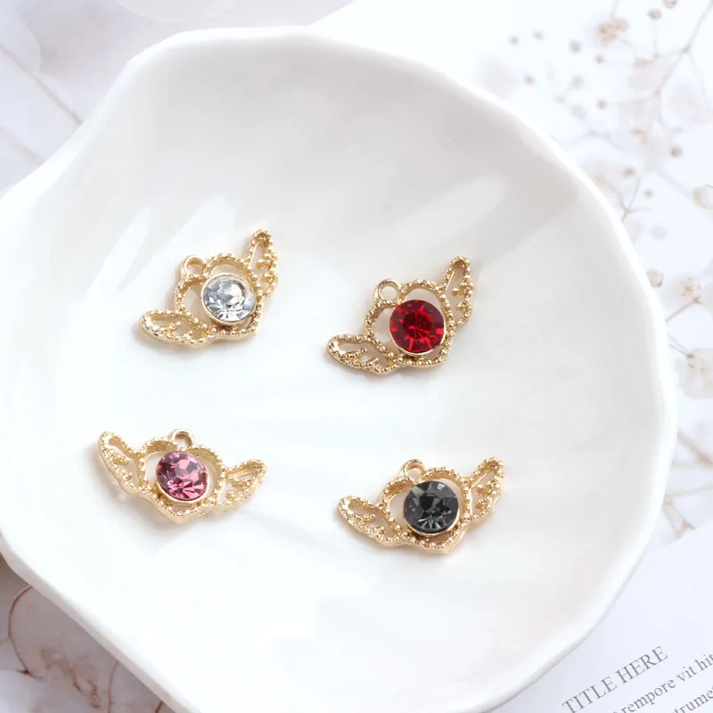 

10pcs/pack Crystal Heart Wing Cute Charms Alloy Golden-colour fit for bracelet Necklace DIY Fashion Jewelry Accessories