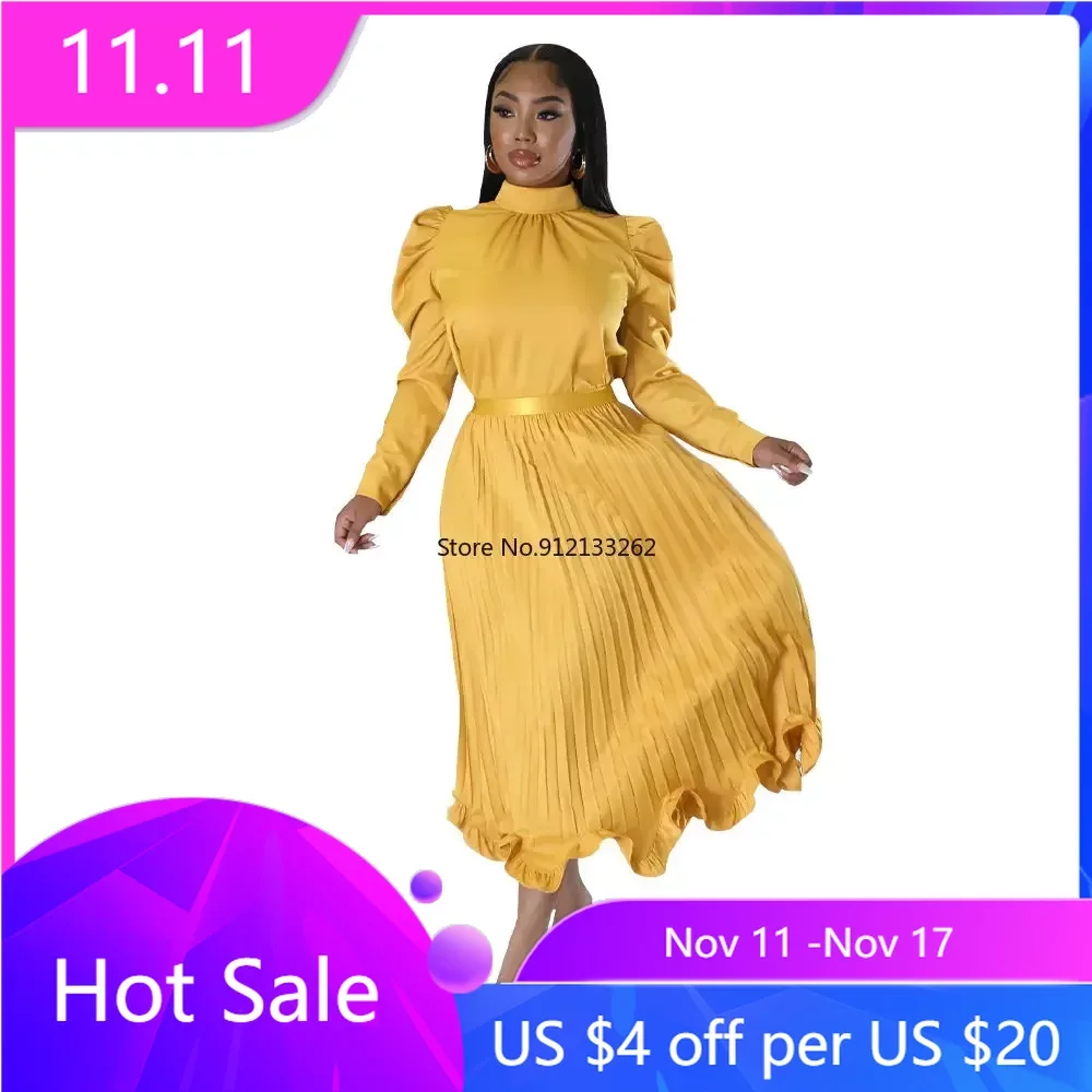 2024 Autumn Winter Woman Pleats Ruffles Skirt Two Pieces Set High Neck Full Sleeves T Shirt Elegant Party Club Suits Female 2 two piece skirt set africa clothing african clothes plus size african dresses for women 2023 organza ruffles sleeves outfits