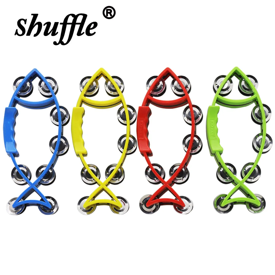 Orff Tambourine Hand Held Bell Drum Rattles Fish-Shape Tambourine Percussion with Double Metal Jingle Childrenis Gifts for Party