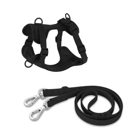 Dual Dog Leash Set with Breathable Harness and Adjustable Chest Strap - M (Harness Leash - black)