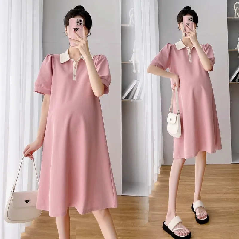Maternity Summer New Color Collision Polp Collar Loose Thin Short-Sleeved Mid-Length Summer Dresses Maternity Summer Dresses 3 Maternity Summer New Color Collision Polp Collar Loose Thin Short-Sleeved Mid-Length Summer Dresses Maternity Summer Dresses - Image 3