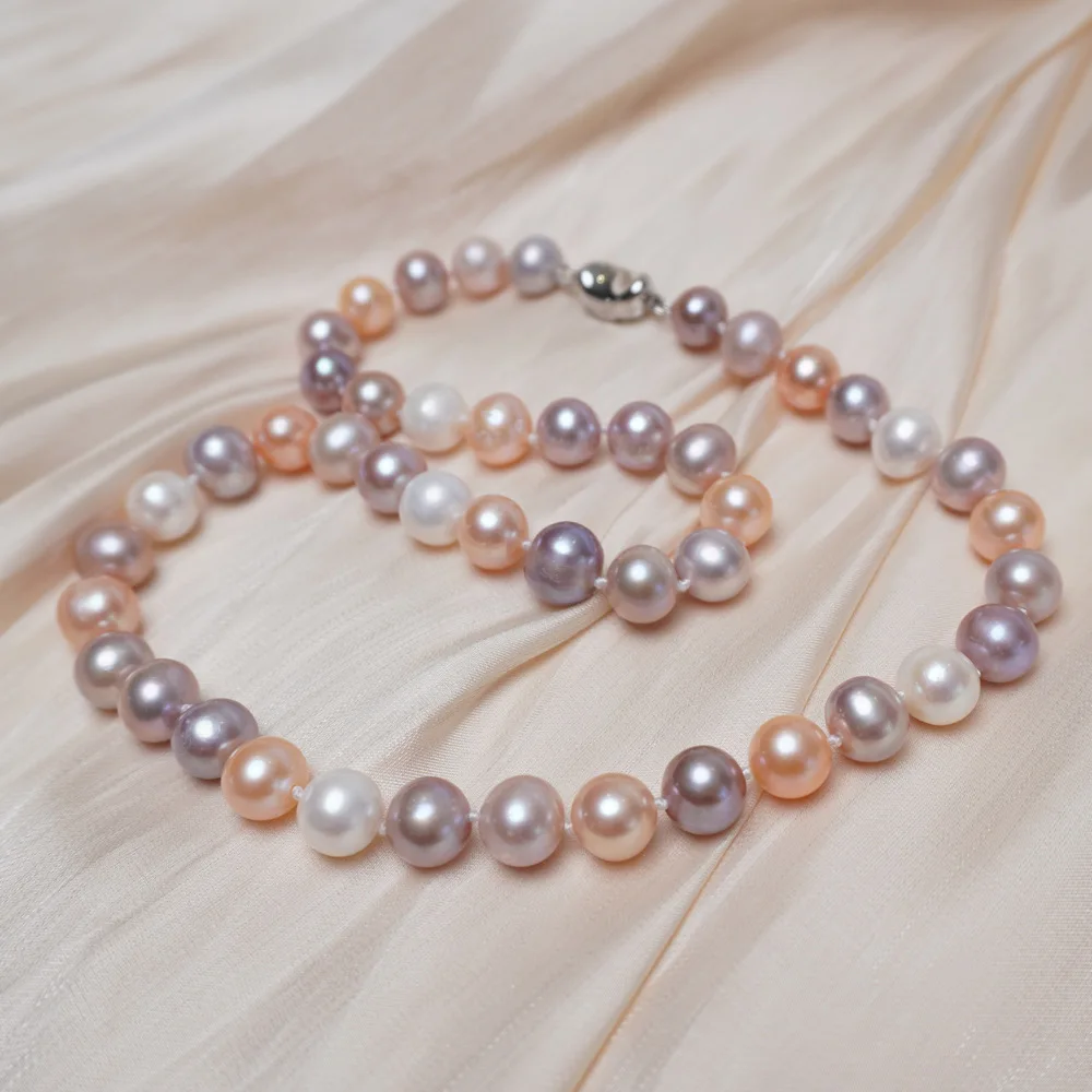 

Mixed multi-color High gloss AAA++ South Sea 9-10mm White pink purple round Pearl Necklace 925s 18inch