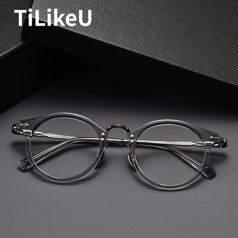 

High Quality Vintage Acetate Eyeglass Frame Simple Titanium Round Glasses Men Reading Myopia Prescription Eyewear Brand Designer