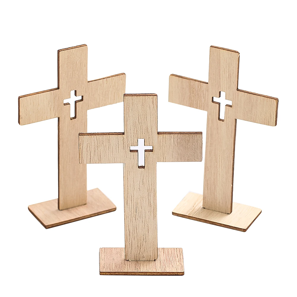 

12PCS Wooden Crosses Standing Candlestick Projection Jesus Crucifix Christian Baptism Table Centerpieces First Communion Decor