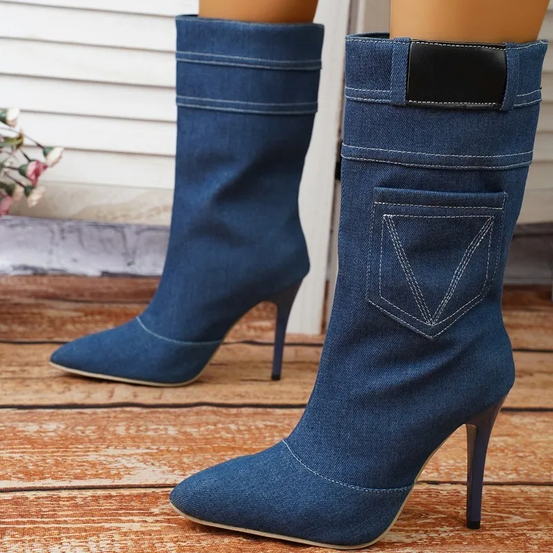 

Cowboy High Heels Boots Chelsea Women Mid Calf Pointed Toe Shoes 2023 Winter New Designer Stilettos Boots Pumps Punk Women Botas