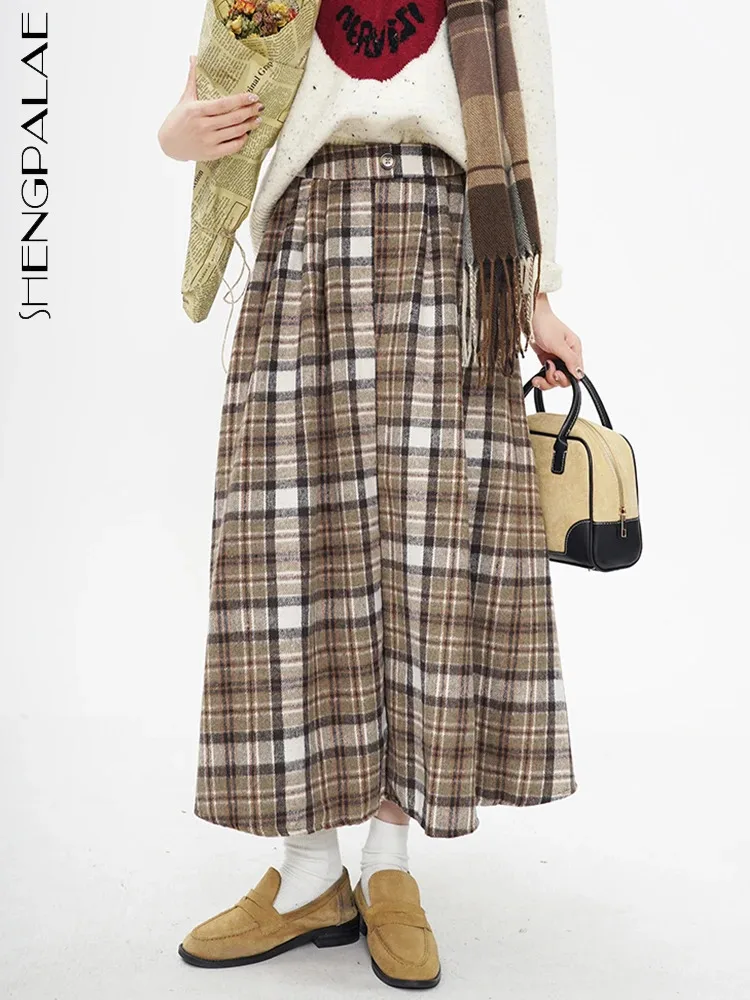 

SHENGPALAE Winter 2023 New Plaid Woolen Skirt For Women Fashion High Waist Vintage A-line Chic Ankle Length Blends Skirts 5R8625