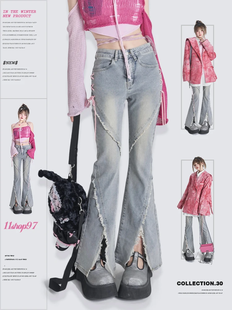 

Vintage Burr Edge Split Horn Loose Women Jeans Streetwear 2023 New Stretch Slim High Waist Wide-Leg Trousers Flare Pants Female
