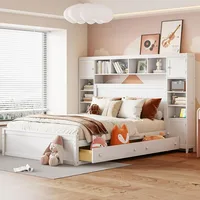 Queen Storage Bed with Bookcase Headboard, with 4 Storage Drawers, Solid Wood Queen Bed Frame with Cabinet and Shelf(White) 2
