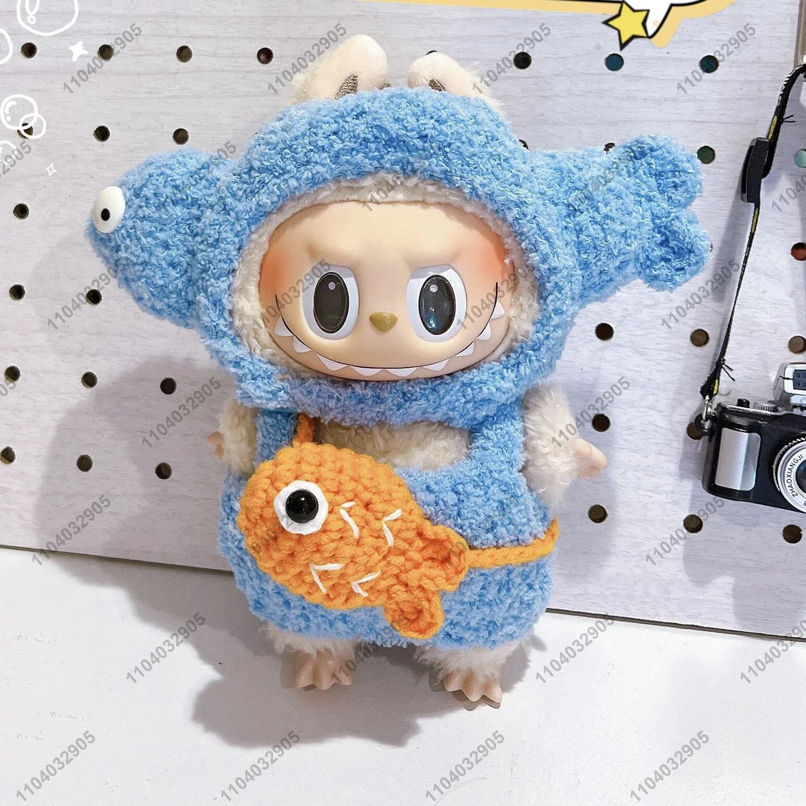 Labubu The Monster Cute Blue Fish Costume Cartoon Clothes 1:1 Original Replica Vinyl Doll Action Figure Bag Charm Pendant Gift