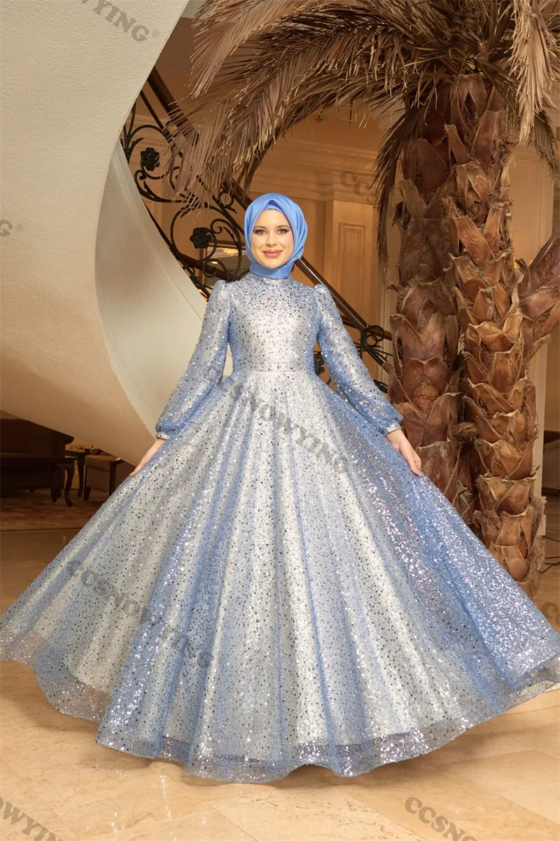 

Sparkly Sequin Long Sleeve Muslim Evening Dresses Arabic Dubai High Neck Prom Formal Party Gown Moroccan Caftan Robes De Soirée