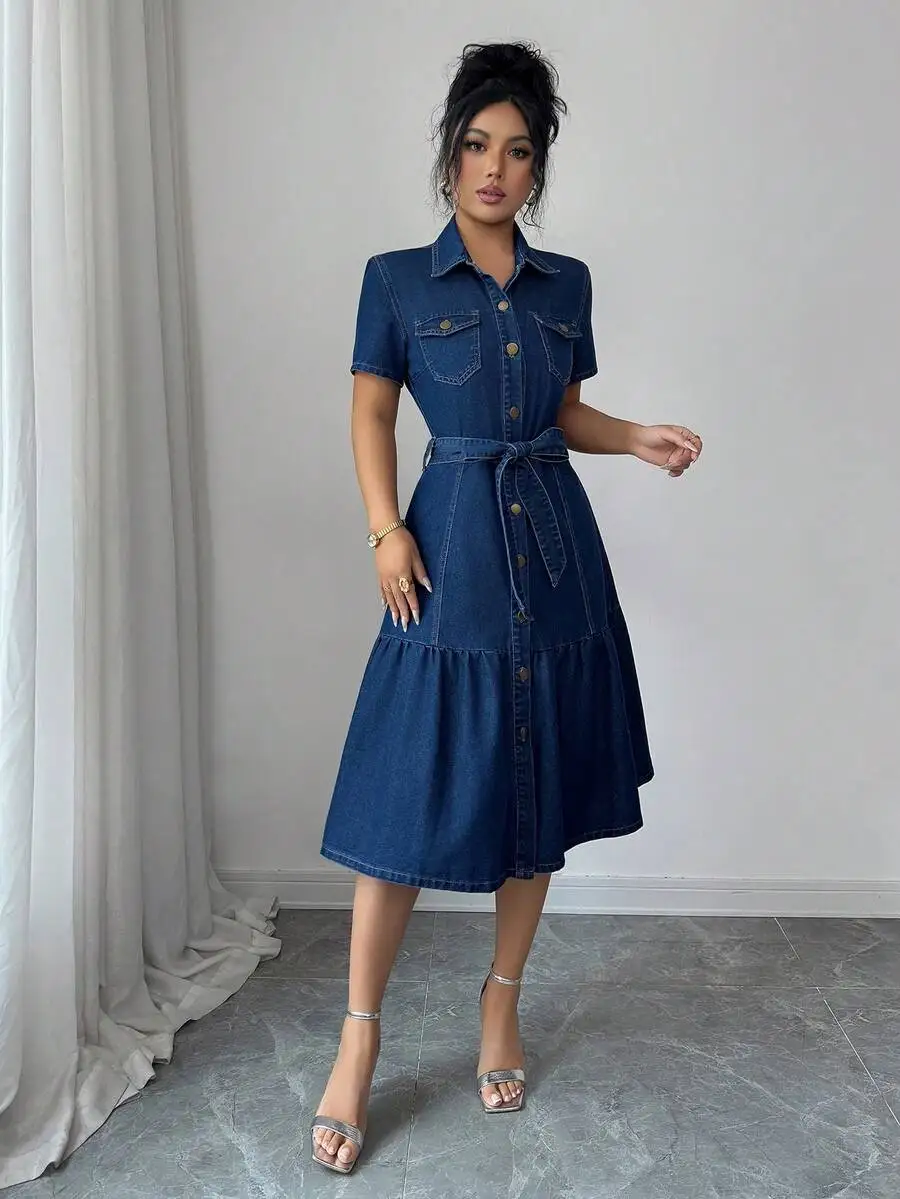 Womens Denim Shirt Dress With Button Front And Belted Waist 1