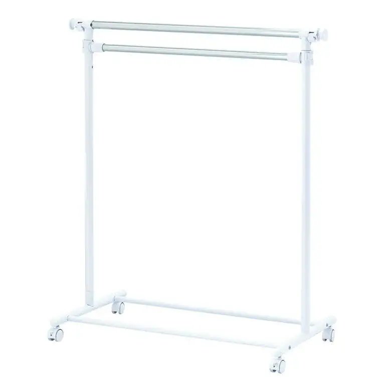 2 Tier Adjustable Chrome Rolling Garment Rack with Silver Metal and White Rod US 4