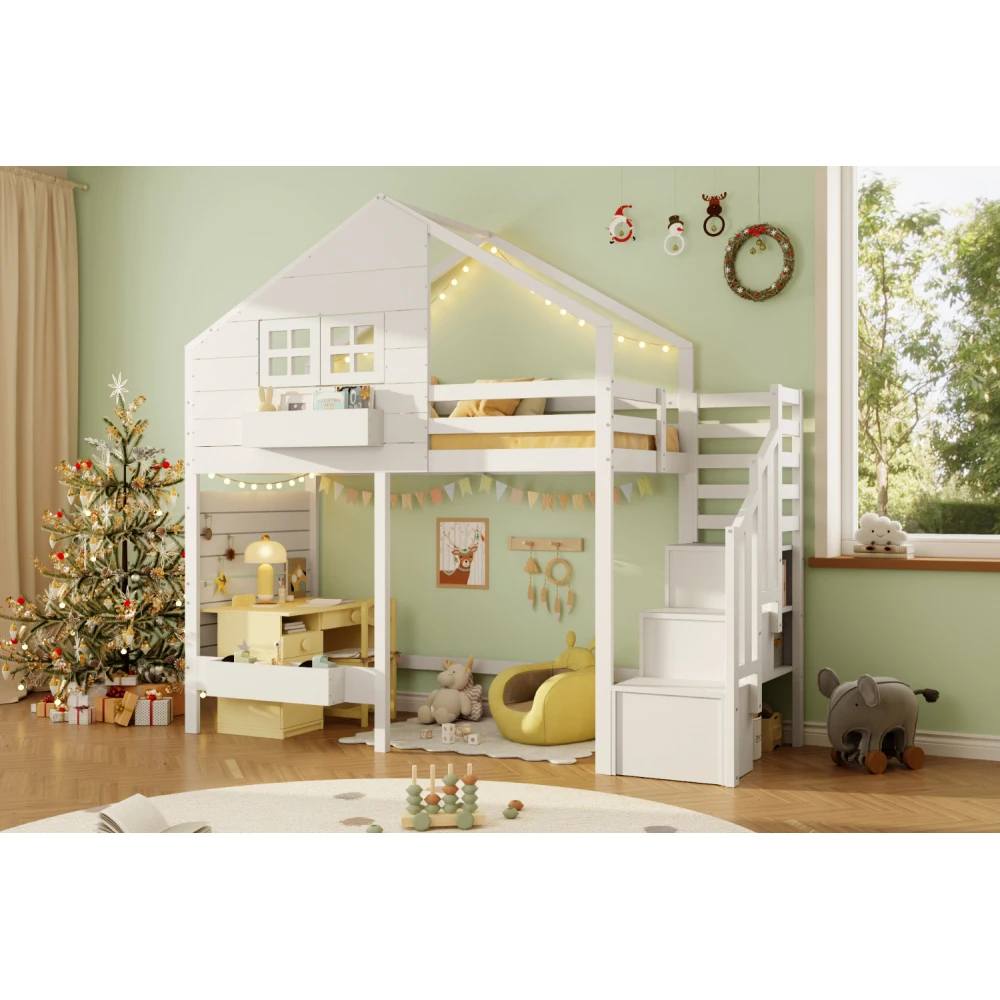 90x200cm Modernes weißes Etagenbett, Kinderbett mit Rausfallschutz und Aufbewahrungstreppe, Jugendbett, mit Fenster, Massivholz – Detail 17